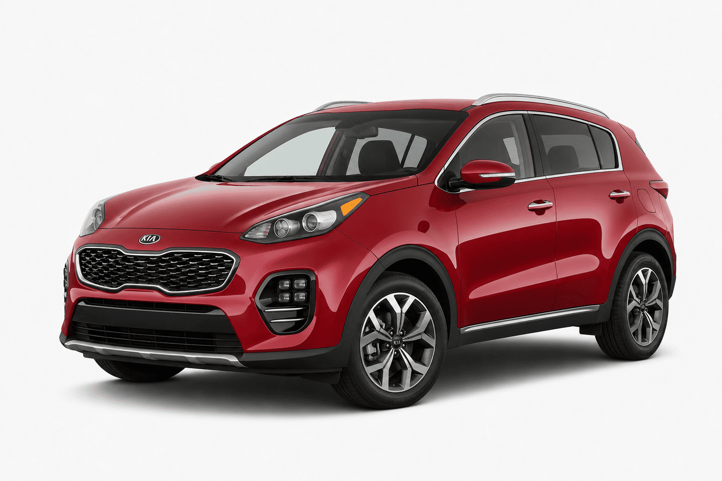 A red Kia Sportage SUV photographed from a three-quarter front angle on a clean, light gray studio background.