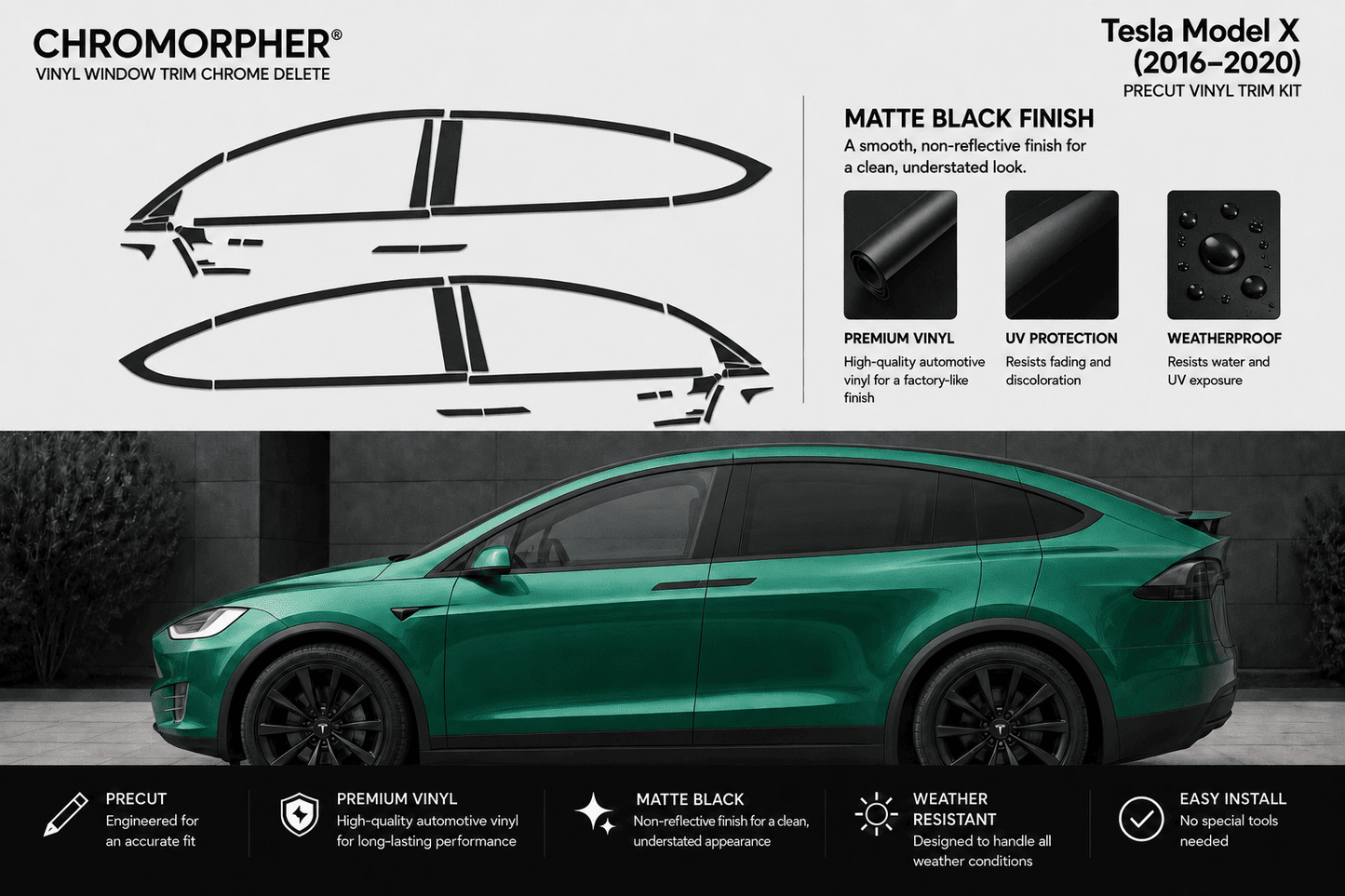 ChromeMorpher vinyl window trim kit for Tesla Model X (2016-2020) in matte black finish. The image features a green Tesla Model X as a visual demonstration of the applied product, alongside black line drawings of the trim pieces, feature callouts, and an installation infographic at the bottom.
