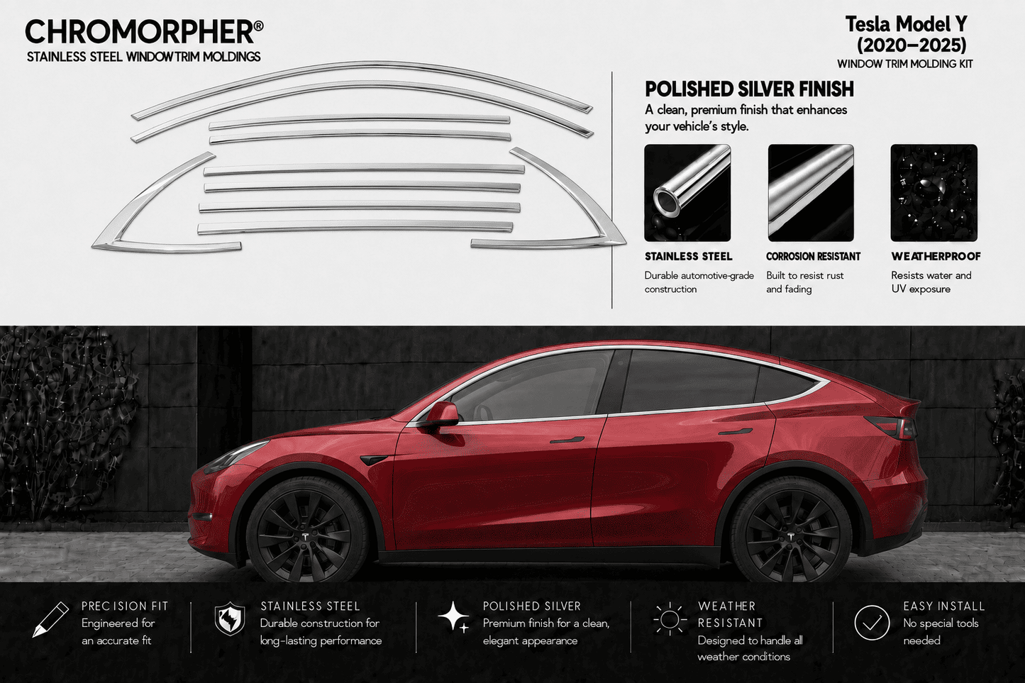 Chromorpher stainless steel window trim kit for Tesla Model Y, featuring a red car with installed chrome window trim pieces on a split white and dark gray background with product features and specifications.