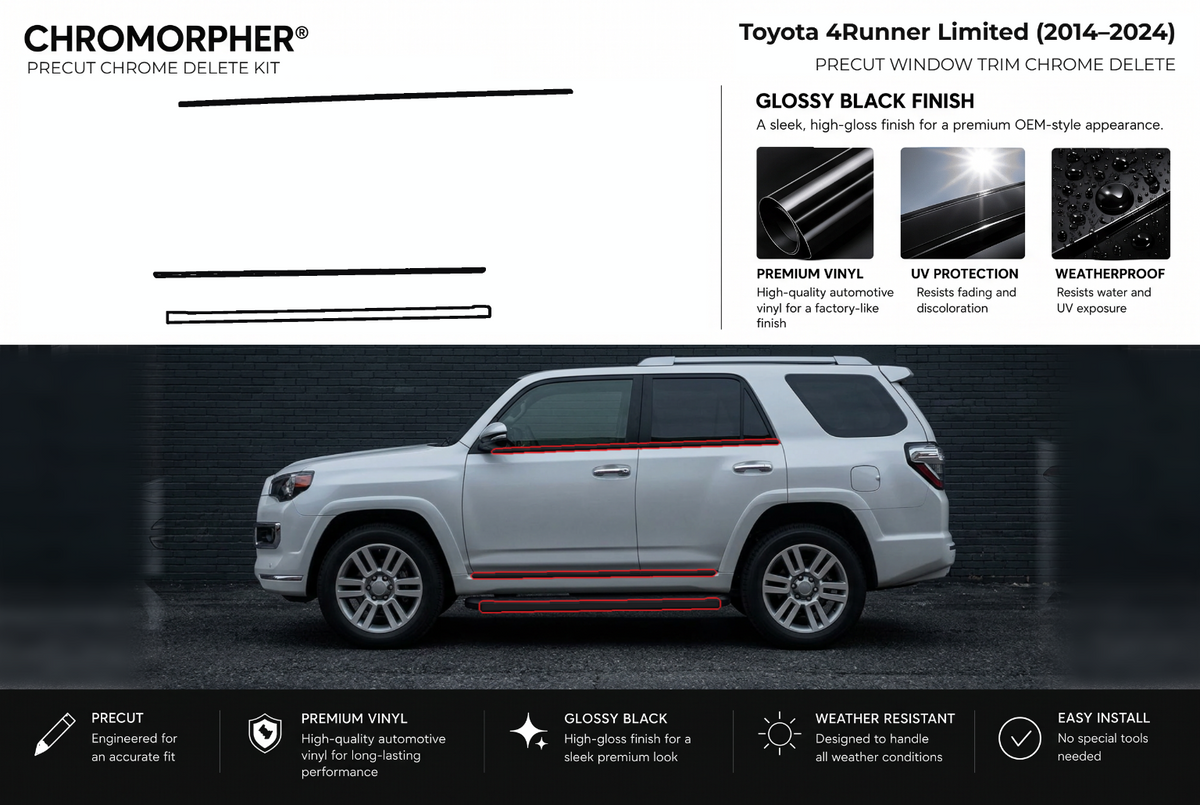 ChroMorpher Toyota 4Runner window trim (limited) precut chrome delete kit (2014–2024) showing the precut vinyl pieces and the trim area outlined in red.