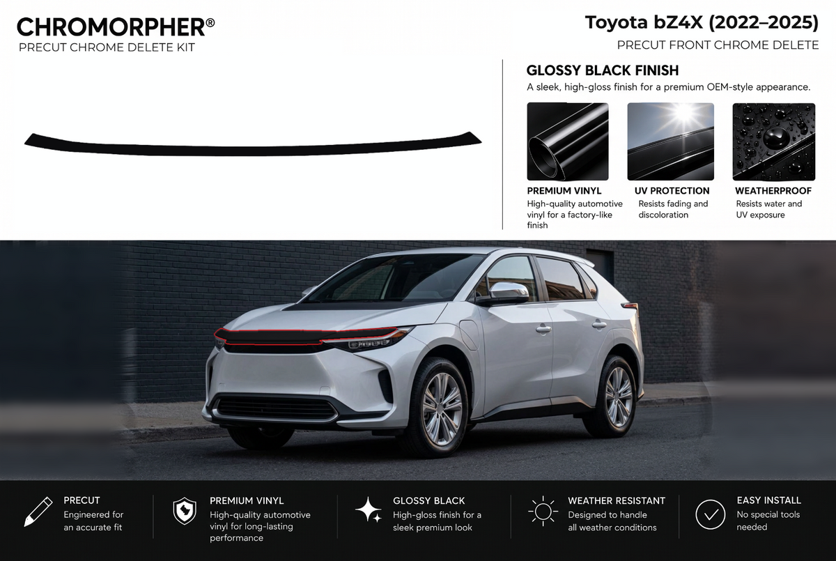 ChroMorpher Toyota bZ4X front precut chrome delete kit (2022–2025) showing the precut vinyl pieces and the trim area outlined in red.