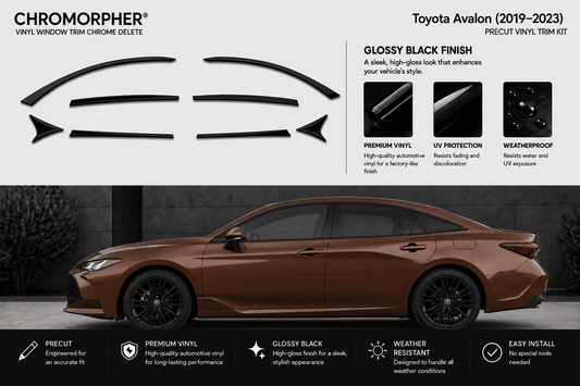 Chromorpher vinyl window trim chrome delete kit for Toyota Avalon (2017-2023), featuring black pre-cut trim pieces at the top and a brown Toyota Avalon car below demonstrating the glossy black finish effect.