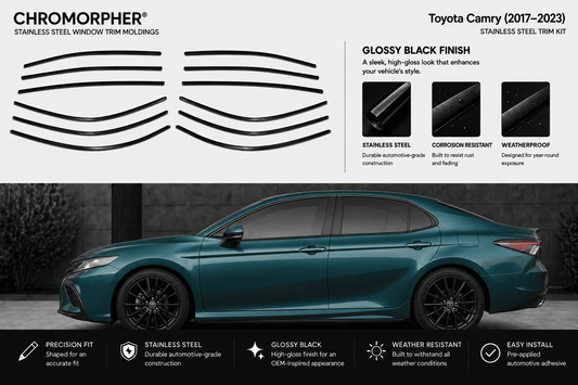 Chromorphor Toyota Carry 2017-2023 stainless steel window trim molding kit in glossy black finish, shown with the product pieces on top and a teal sedan on a dark background below with feature callouts.