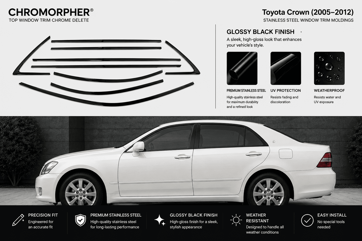 Chromorphore Toyota Crown top window trim chrome delete kit for 2005-2012 models, featuring a gloss black finish stainless steel window trim moldings and a white sedan demonstrating the installed product.