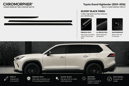 Chromorpher Lower Window Trim Chrome Delete kit for Toyota Grand Highlander (2024-2026) in glossy black finish. The top section shows three long black vinyl strip pieces and feature callouts, while the bottom displays a side view of a white SUV with the black trim applied to the window line.
