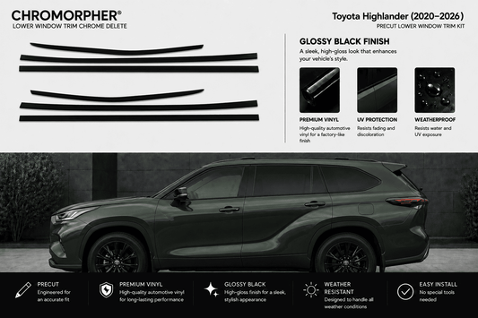 Chromorpher Lower Window Trim Chrome Delete kit for Toyota Highlander (2020-2026) in glossy black finish, shown with four black trim pieces on a white background above a dark gray SUV.