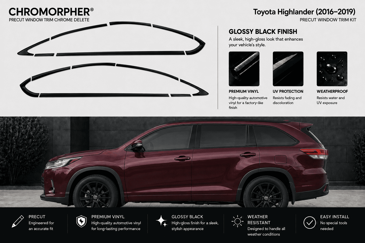 Chromorpher Precut Window Trim Chrome Delete kit for a Toyota Highlander (2016-2019) in glossy black finish, shown with the black trim pieces on a light gray background and a maroon SUV below demonstrating the installed effect.