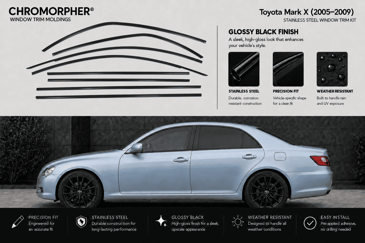 Chromorpher window trim moldings for Toyota Mark X (2005-2009) in glossy black finish, shown with black curved strip graphics and a silver side view of a sedan on a dark background.