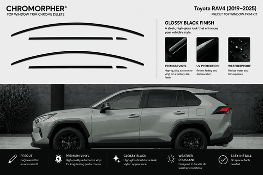 Chromorpher Top Window Trim Chrome Delete kit for Toyota RAV4 (2019-2025) in glossy black finish. The graphic shows the three curved chrome trim pieces on the top left, product features on the upper right, and a silver Toyota RAV4 SUV on a dark gray background at the bottom illustrating the installed look.
