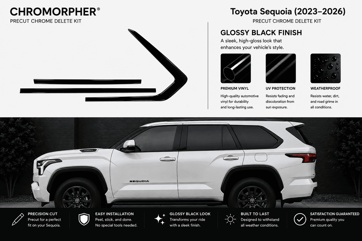 Chromorpher Precut Chrome Delete Kit for a 2023-2026 Toyota Sequoia in glossy black finish. The top half shows the black chevron-shaped chrome delete graphics and feature callouts.