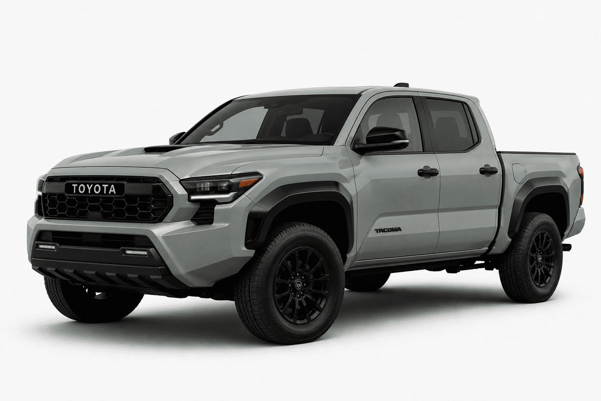 A silver Toyota Tacoma pickup truck shown from a three-quarter front angle on a clean, light gray studio background.