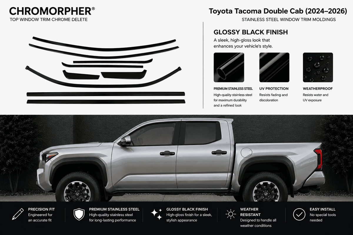 Chromorpher glossy black finish top window trim chrome delete kit for Toyota Tacoma Double Cab (2024-2026). The top half shows the black trim pieces and product features, while the bottom half shows a silver Toyota Tacoma with the black trim installed.