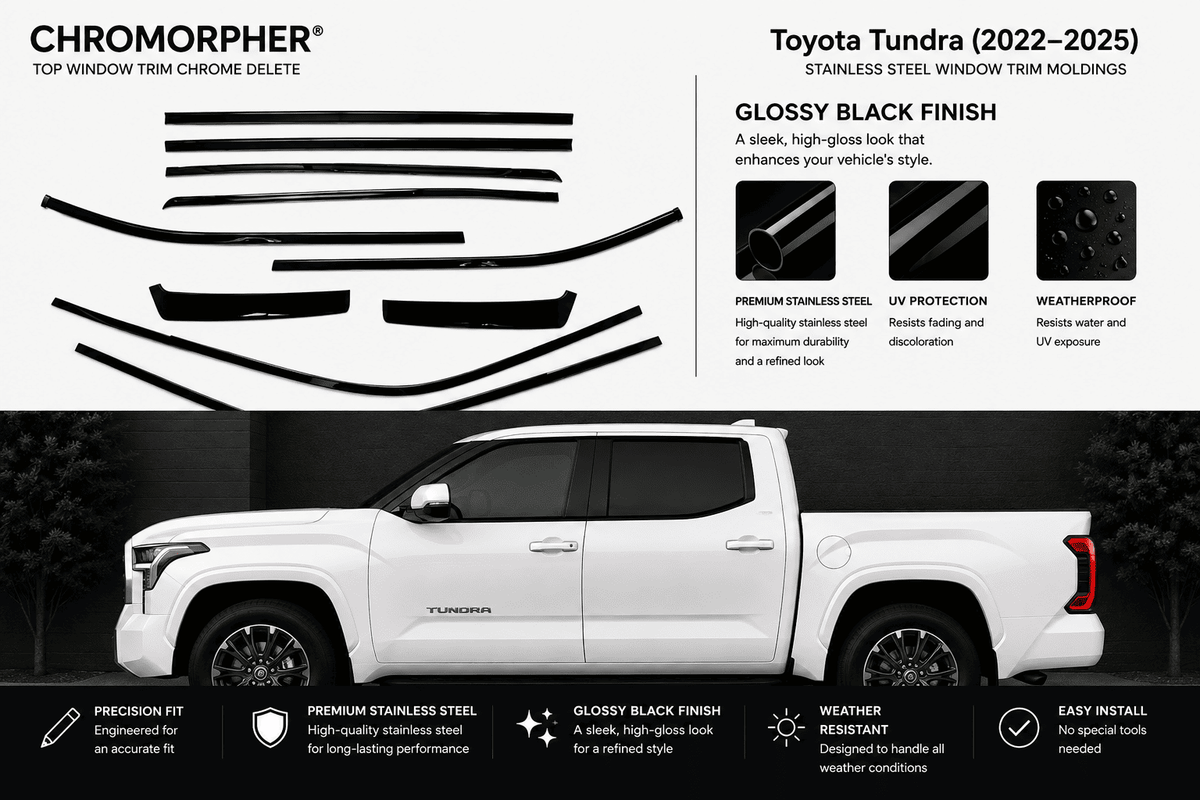 Chrome Morpher top window trim chrome delete decals shown on a white Chevrolet Tahoe, with text detailing the glossy black finish, stainless steel construction, and weatherproof features.