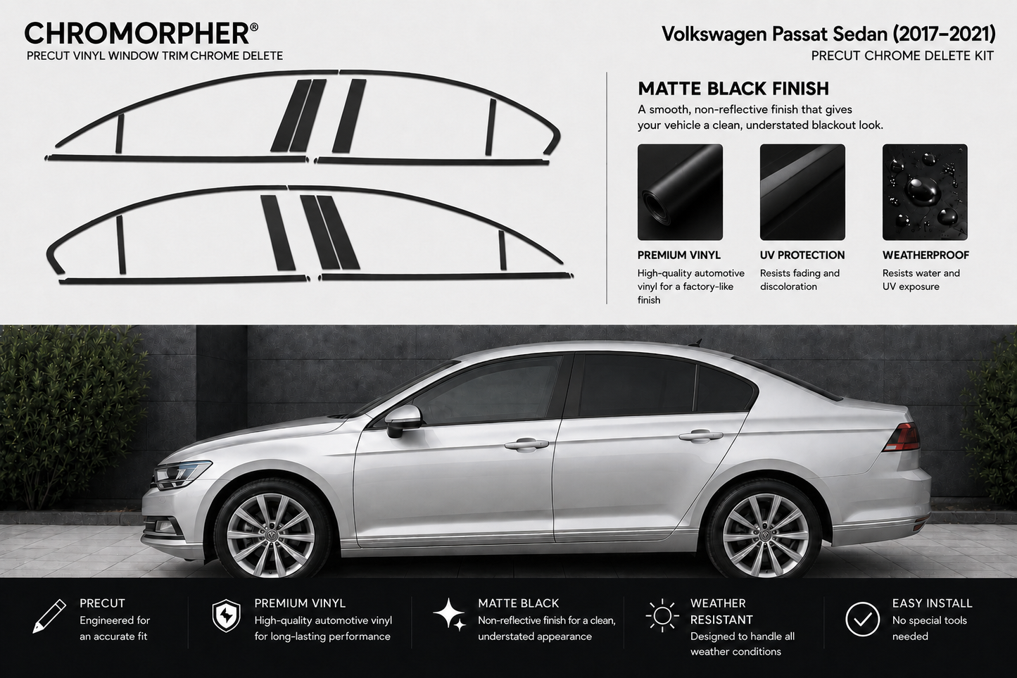 Chromorphor Volkswagen Passat Sedan 2017-2021 precut chrome delete kit vinyl window trim graphics shown on a white background with product features, finish details, and a silver car illustration below.