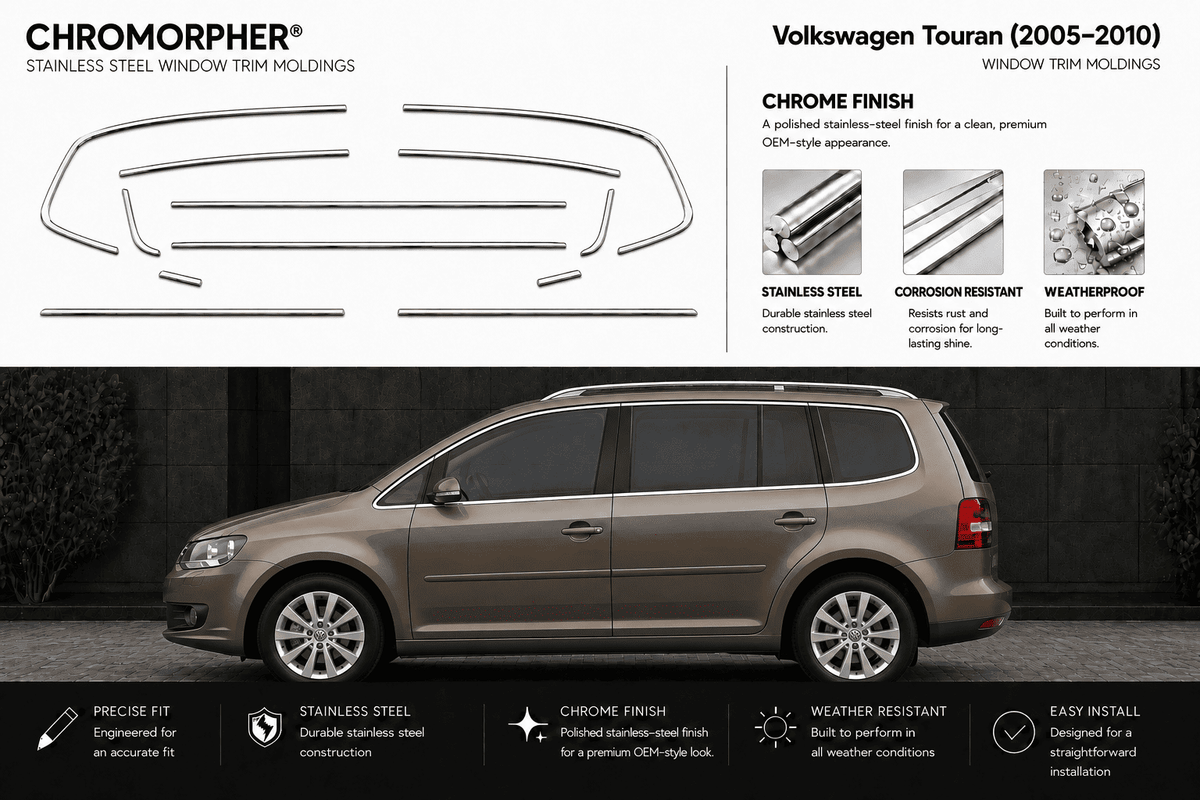 Chromorpher stainless steel window trim molding kit for a Volkswagen Touran (2005-2010), featuring a multi-piece chrome trim set shown on a white background above a side profile of a metallic taupe-gray VW Touran in a dark setting.
