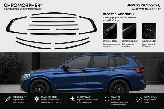 Chromorpher BMW X3 window trim molding kit in glossy black finish, shown with a large cutout of the black trim pieces and a blue BMW X3 SUV on a dark gray background. The image includes feature callouts for stainless steel construction, corrosion resistance, and weatherproofing.