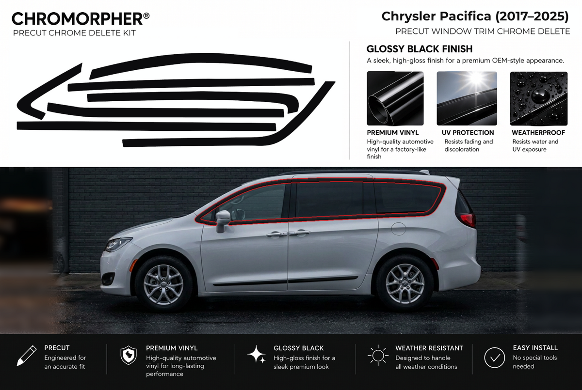 ChroMorpher Chrysler Pacifica window trim precut chrome delete kit (2017–2025) showing the precut vinyl pieces and the trim area outlined in red.