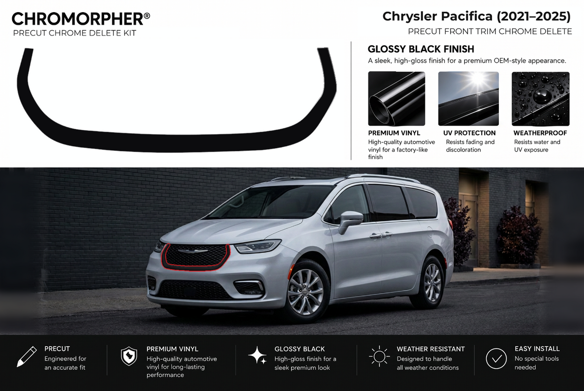 ChroMorpher Chrysler Pacifica front precut chrome delete kit (2021–2025) showing the precut vinyl pieces and the trim area outlined in red.