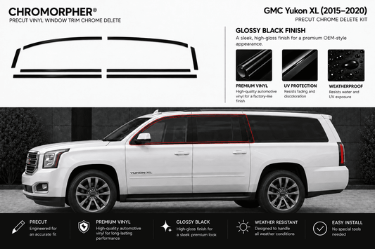 Chromorphor GMC Yukon XL precut chrome delete kit graphic showing the vinyl trim pieces, gloss black finish benefits, and a side view of a white GMC Yukon XL with a red line indicating the chrome deletion area.