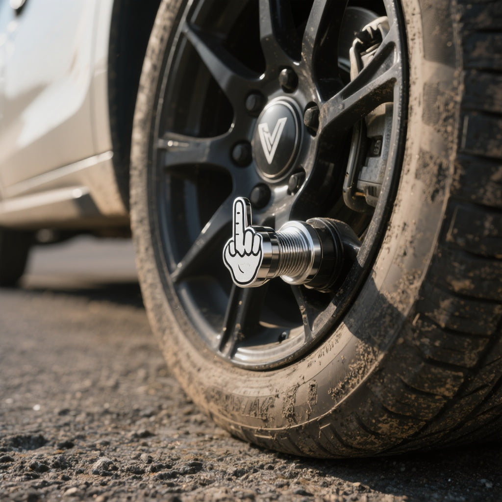 SUV wheel showing a Savage Valve Cap installed on a dusty tire valve stem.