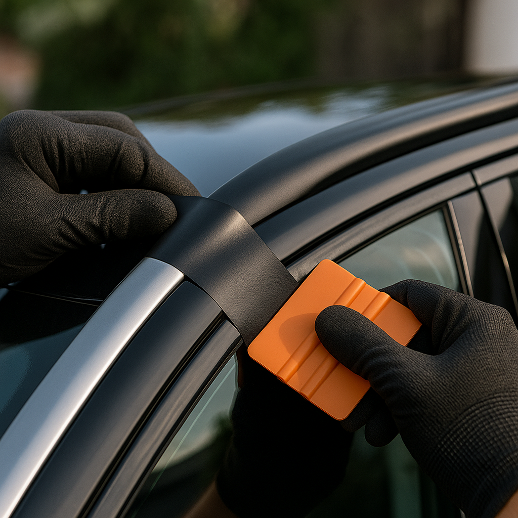 A close-up of a car’s roof rail being wrapped with ChroMorpher Matte Chrome Delete Tape. Half of the rail is still chrome, while the other half is covered in smooth matte black.