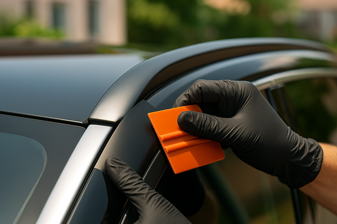A close-up shot showing a car roof rail halfway wrapped with ChroMorpher Matte Chrome Delete Tape. The chrome contrasts with the new matte finish, and the installer, wearing black gloves, uses an orange squeegee tool to smooth the tape into place. 