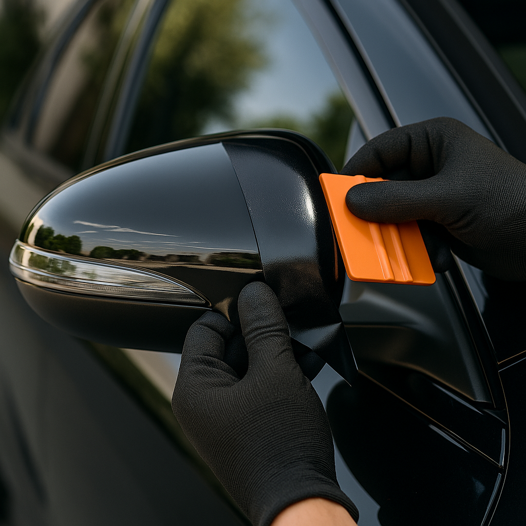A close-up of a car's chrome mirror cap being wrapped with ChroMorpher Glossy Chrome Delete Tape. The tape is halfway applied, with the installer’s hands, wearing black gloves, smoothing it out using an orange squeegee.