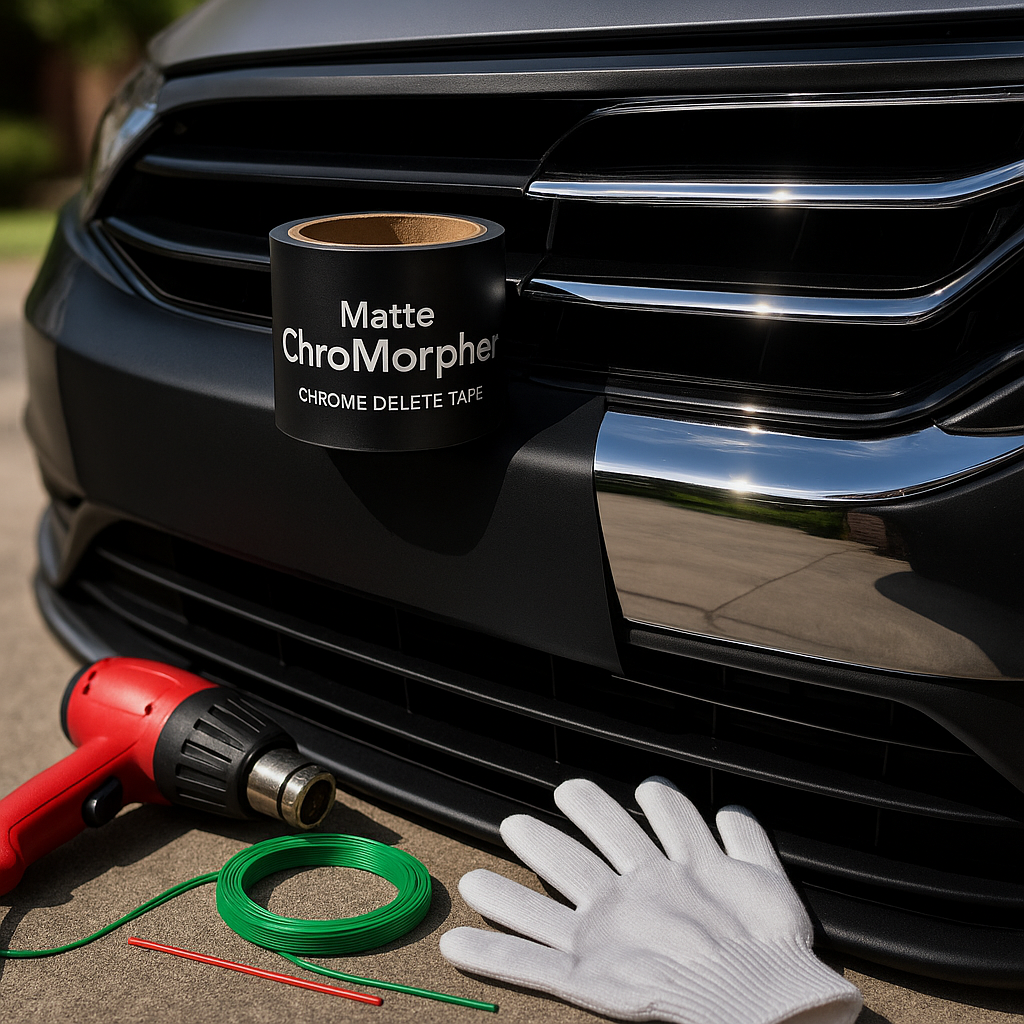 Close-up of a car front grille being wrapped with Matte ChroMorpher Chrome Delete Tape, tools nearby.