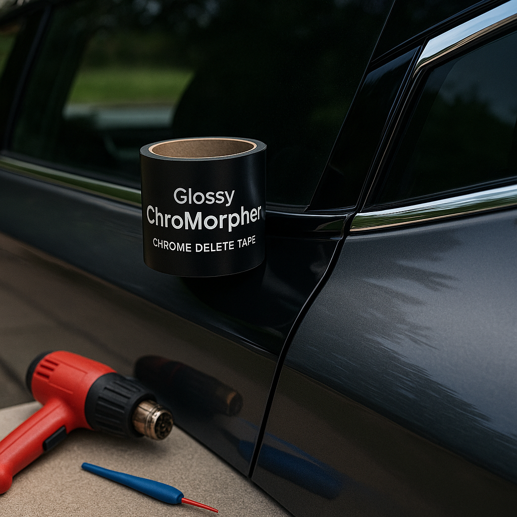 Glossy chrome delete tape being applied to car window trim with tools nearby on a driveway.