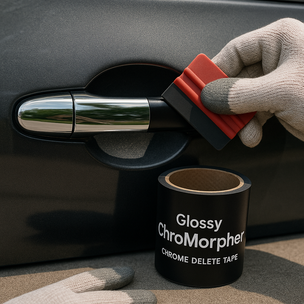 Gloved hand applies glossy chrome delete tape to a car door handle with squeegee.