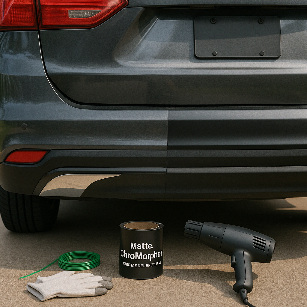 Matte chrome delete tape halfway applied to rear bumper trim of a car with tools nearby.