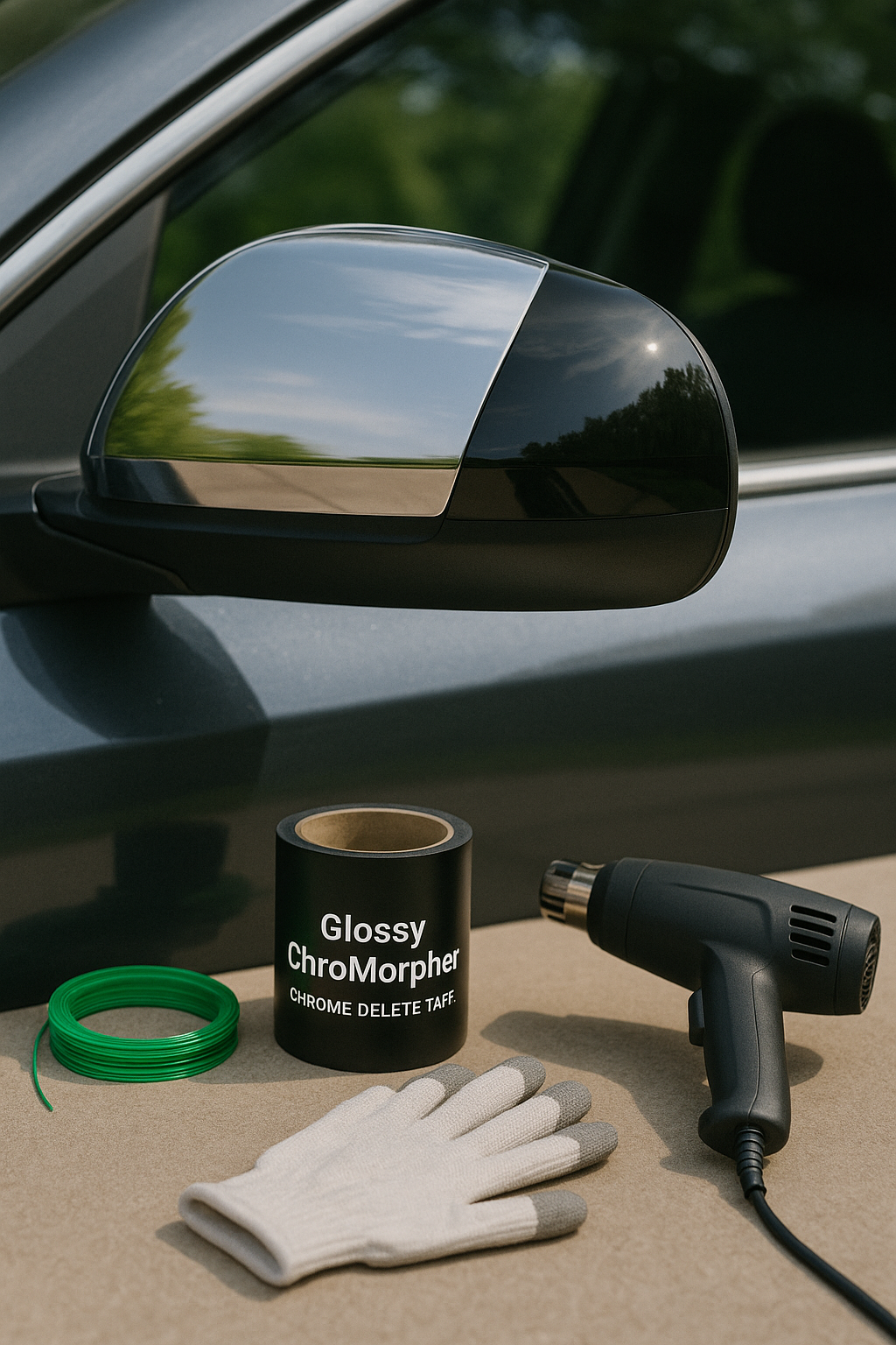 Side mirror partially wrapped in glossy chrome delete tape with tools nearby.