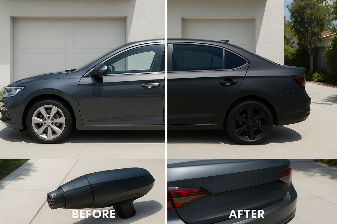 Side-by-side of sedan before and after chrome delete with ChroMorpher tape.