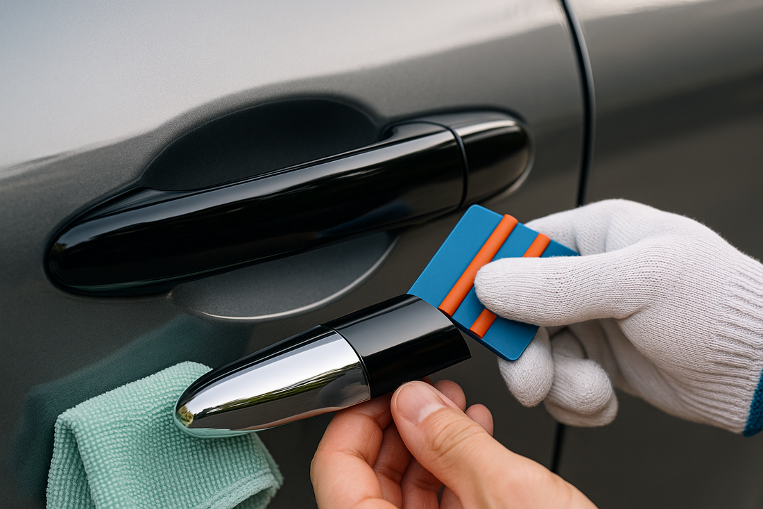Car door handle being wrapped with glossy black tape, half chrome, tools nearby.