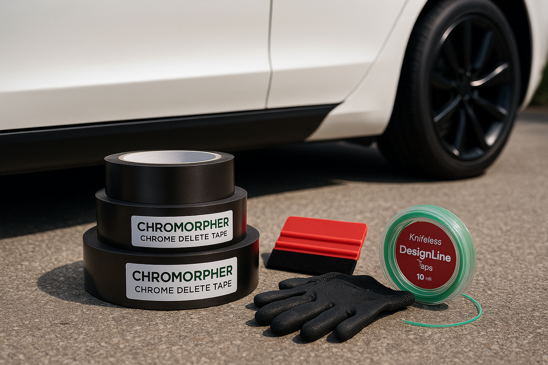 A high-resolution image showing three rolls of ChroMorpher Chrome Delete Tape stacked on pavement beside a red squeegee, black gloves, and a roll of green DesignLine Knifeless Tape. 