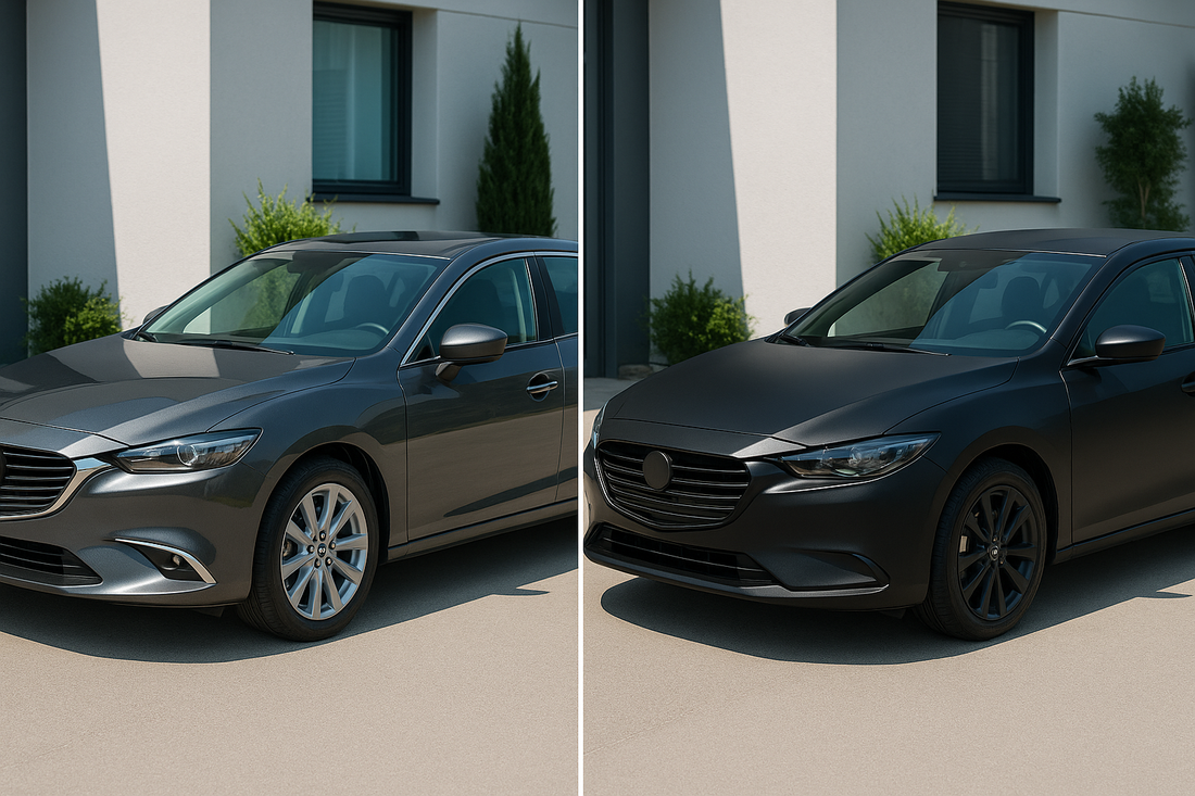 Side-by-side view of a modern sedan before and after chrome delete using ChroMorpher tape.