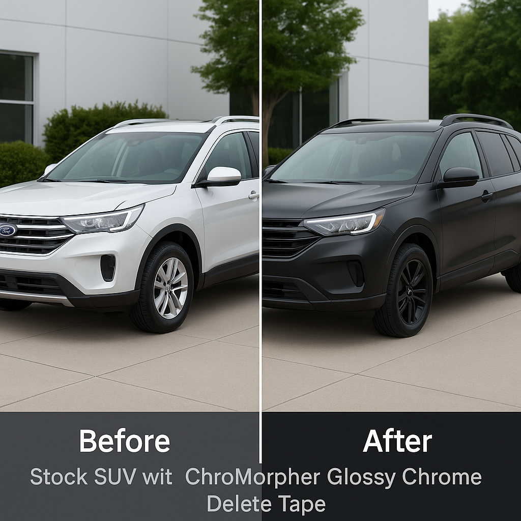Side-by-side image of a white SUV with chrome trim and the same SUV with blacked-out trim using ChroMorpher Glossy Chrome Delete Tape.