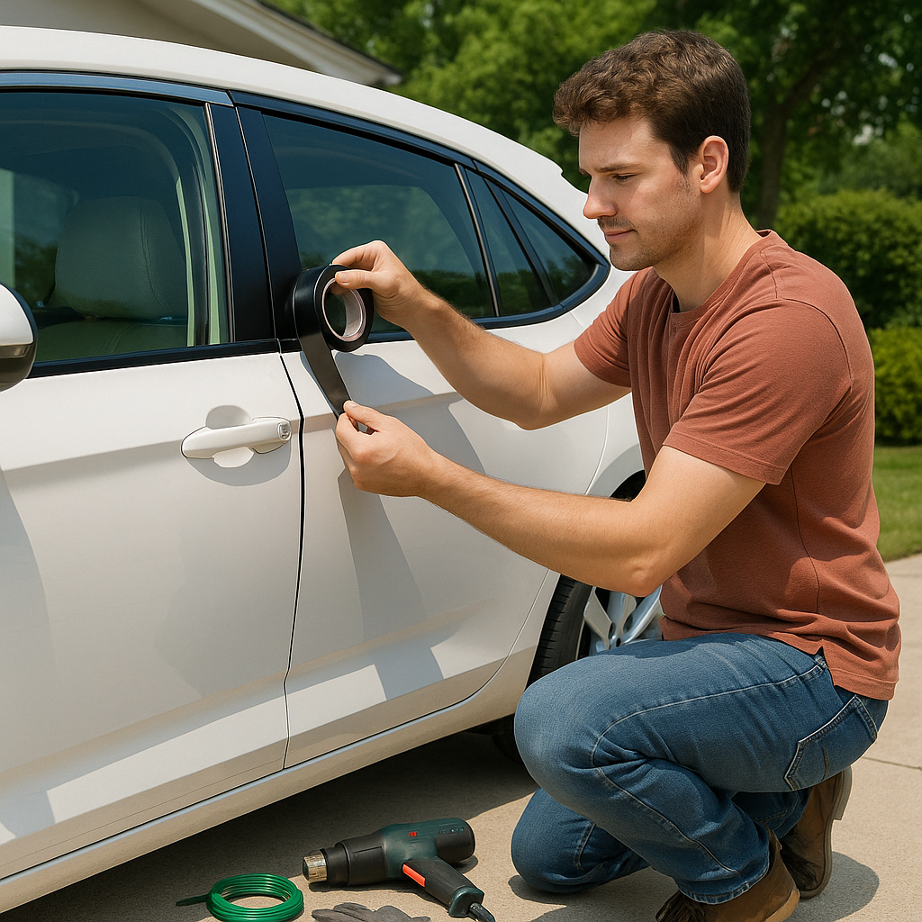 Focused DIYer applying ChroMorpher Chrome Delete Tape to car window trim in a sunny driveway.