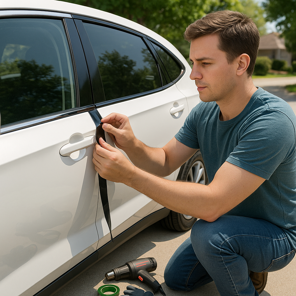 Focused man applying ChroMorpher Chrome Delete Tape to car window trim with tools nearby in a sunny driveway.