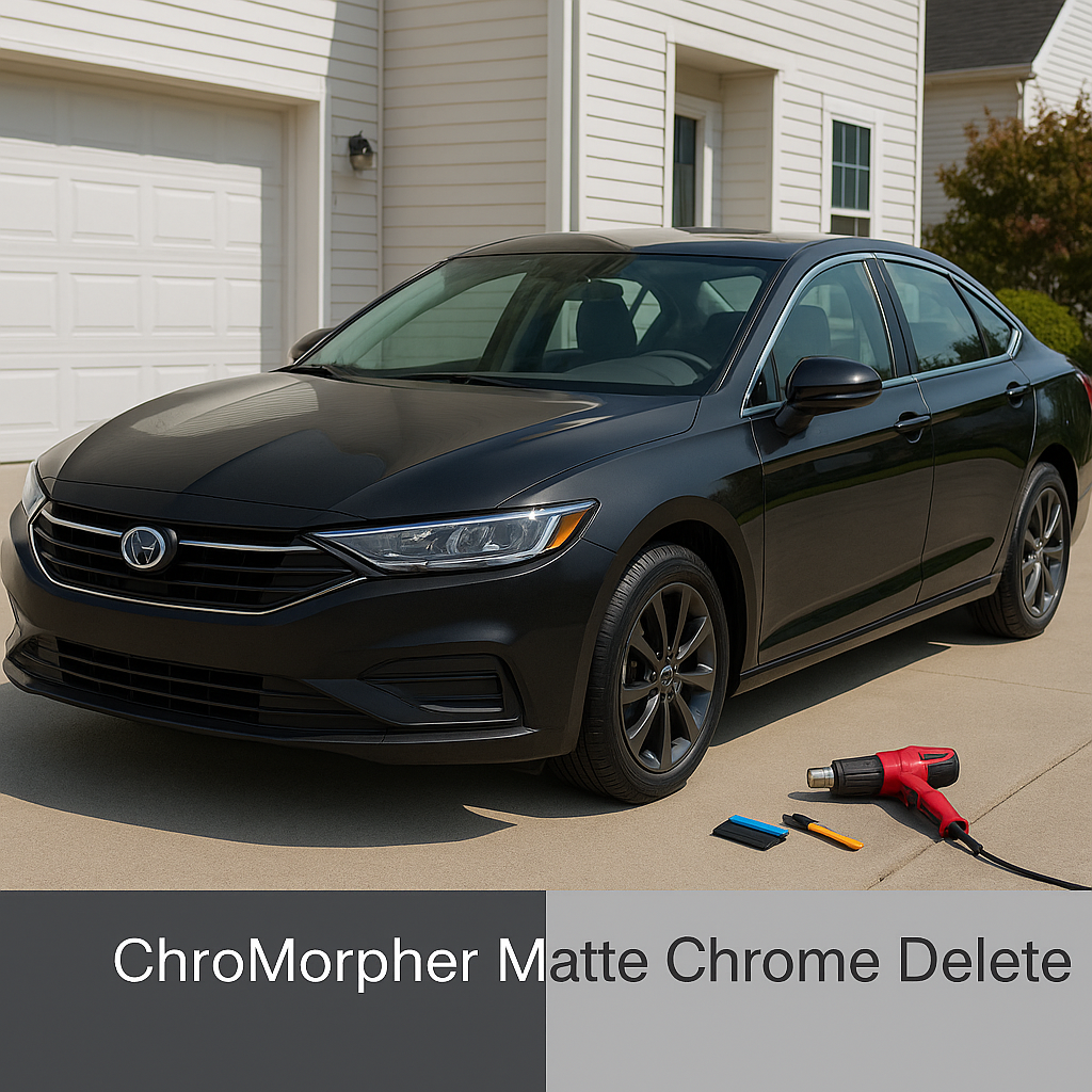 Black sedan with left side wrapped in matte black and right side still chrome, tools on driveway.