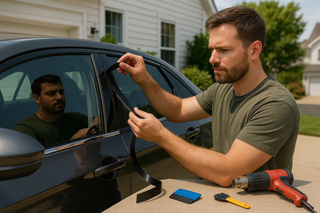 Man applying black vinyl to car window trim using ChroMorpher tape, tools nearby in driveway.