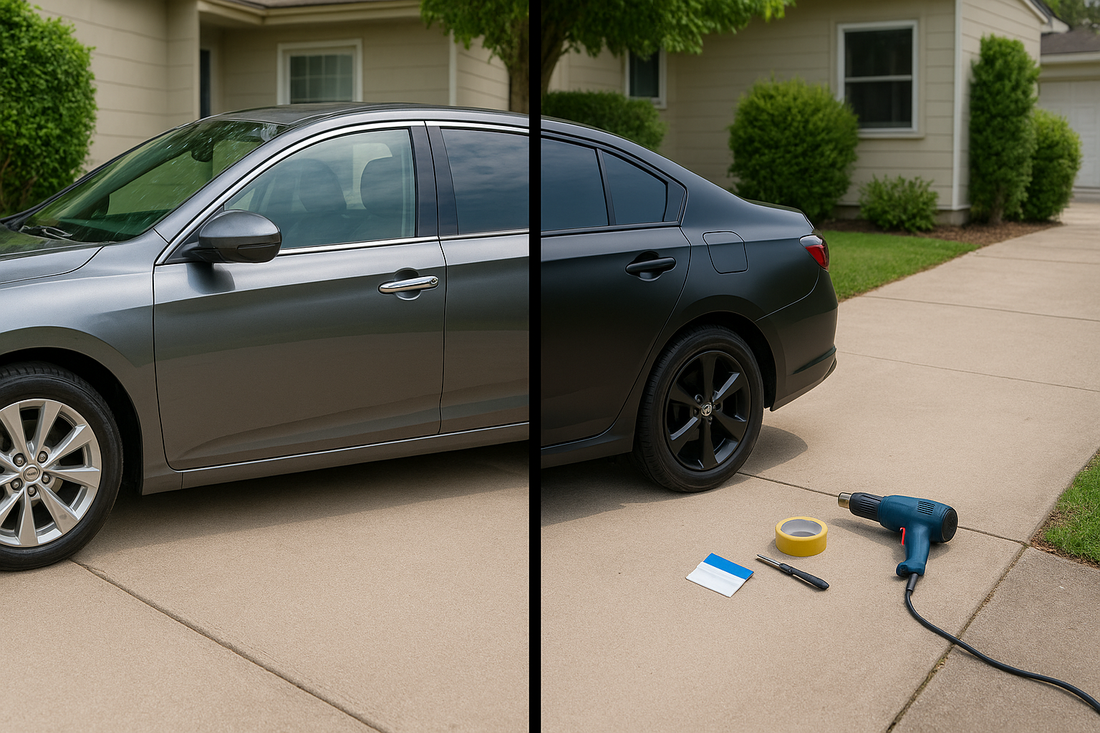 Car with chrome trim on one side and matte black ChroMorpher wrap on the other, tools nearby.