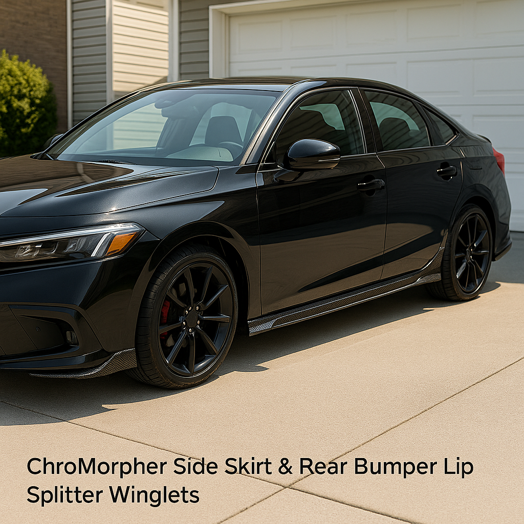 A sporty black sedan parked on a clean driveway with ChroMorpher Side Skirt & Rear Bumper Lip Splitter Winglets installed on the visible side.