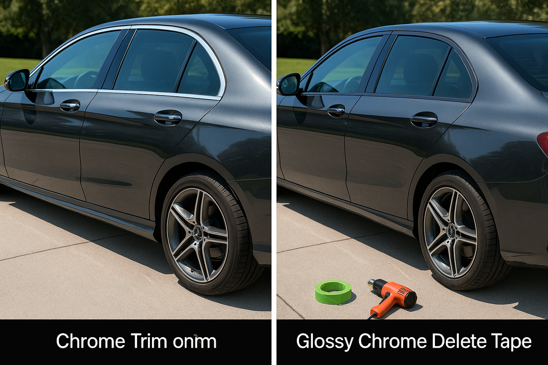 Ultra-realistic side-by-side photo of a modern sedan parked on a clean driveway. The left side of the car features original shiny chrome trim, while the right side displays a flawless installation of ChroMorpher Glossy Chrome Delete Tape.