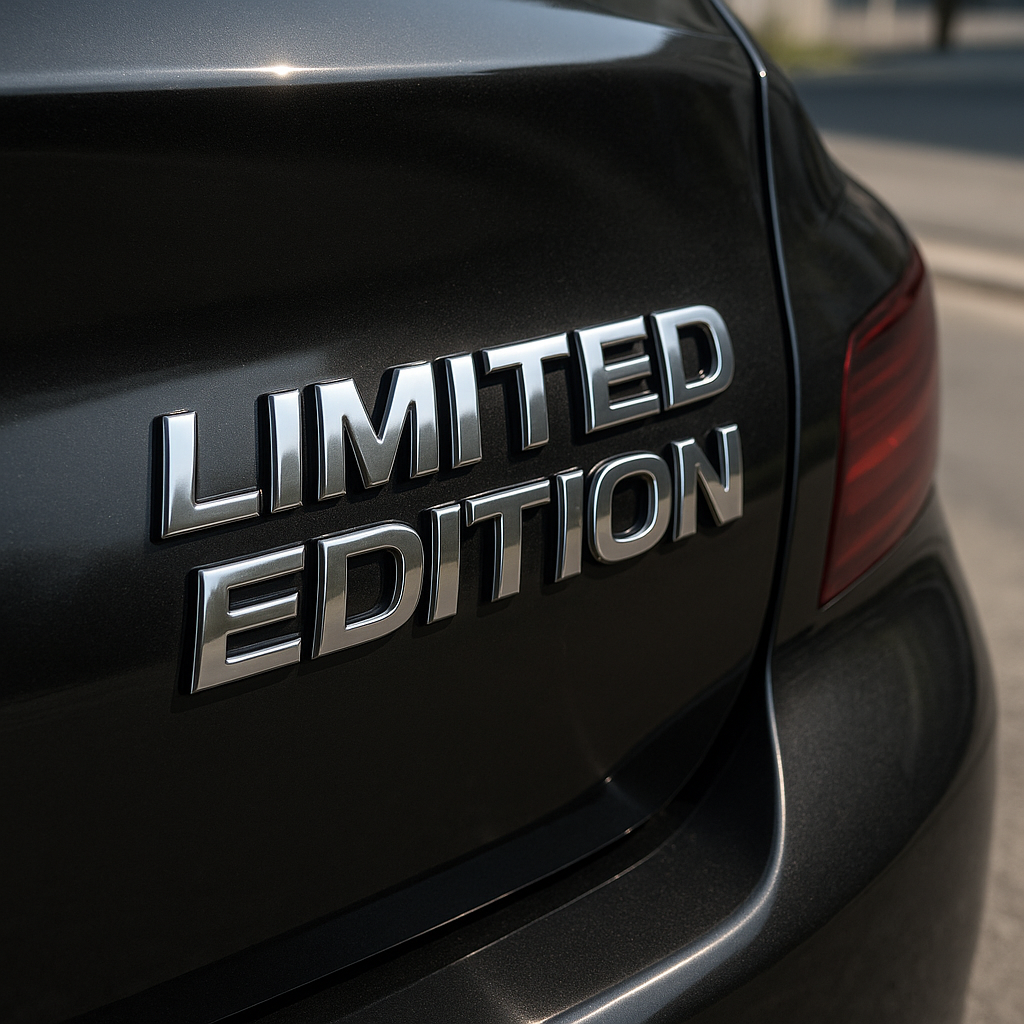 Ultra-realistic close-up of a silver “LIMITED EDITION” 3D emblem affixed to the glossy black trunk of a sports car. The emblem reflects sunlight and contrasts sharply against the polished surface