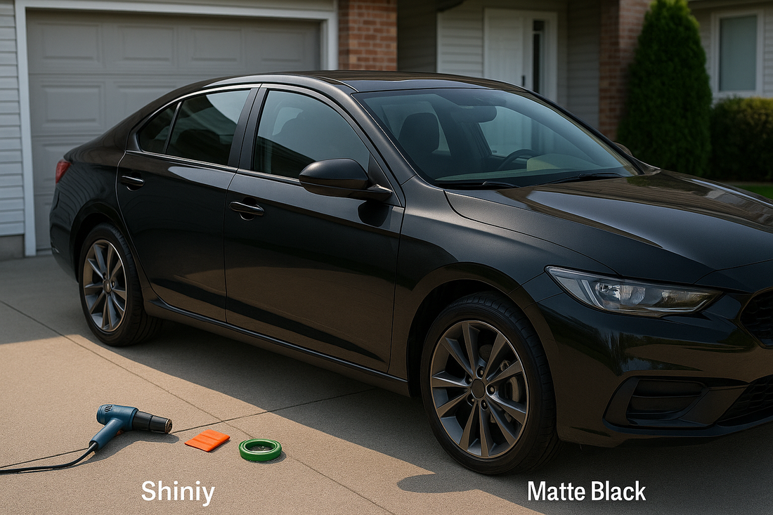 Ultra-realistic side-by-side photo of a black sedan parked on a residential driveway.