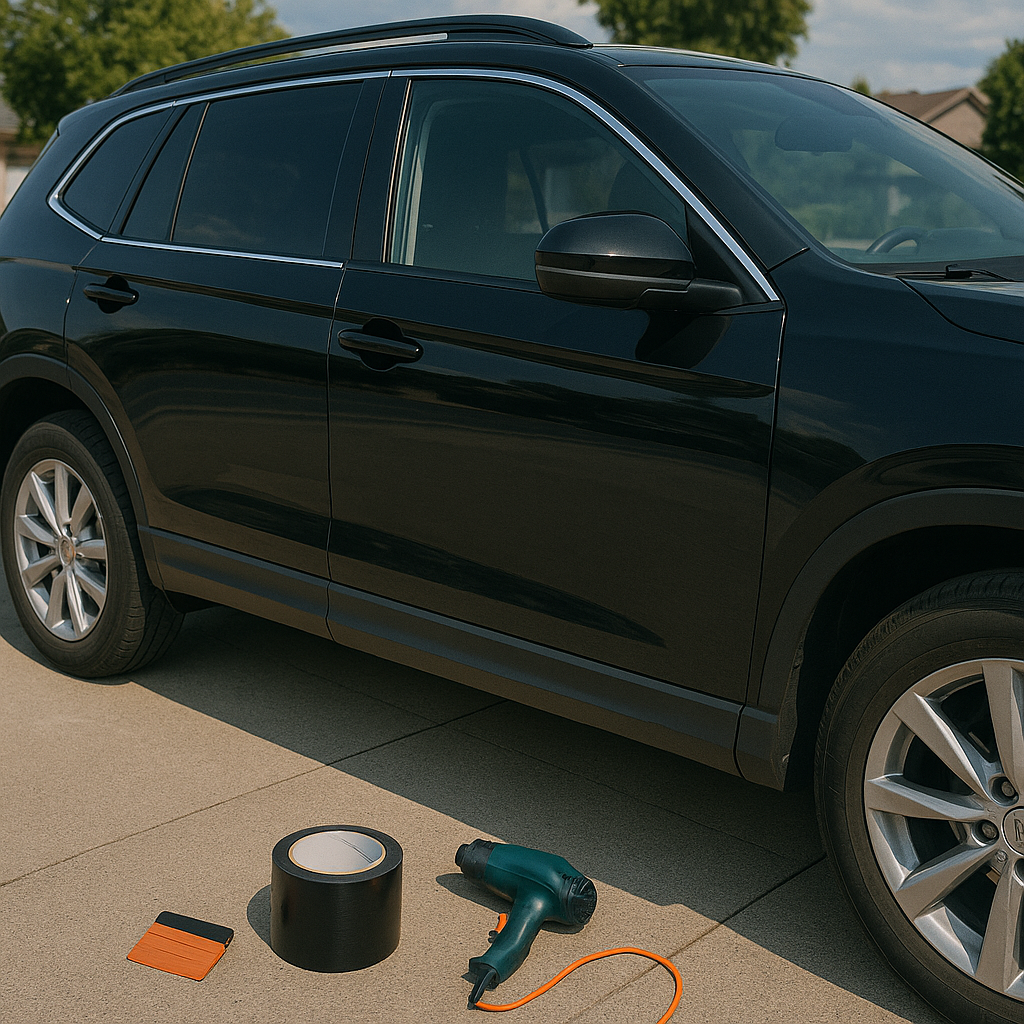 Ultra-realistic photo of a modern black SUV parked on a clean suburban driveway.