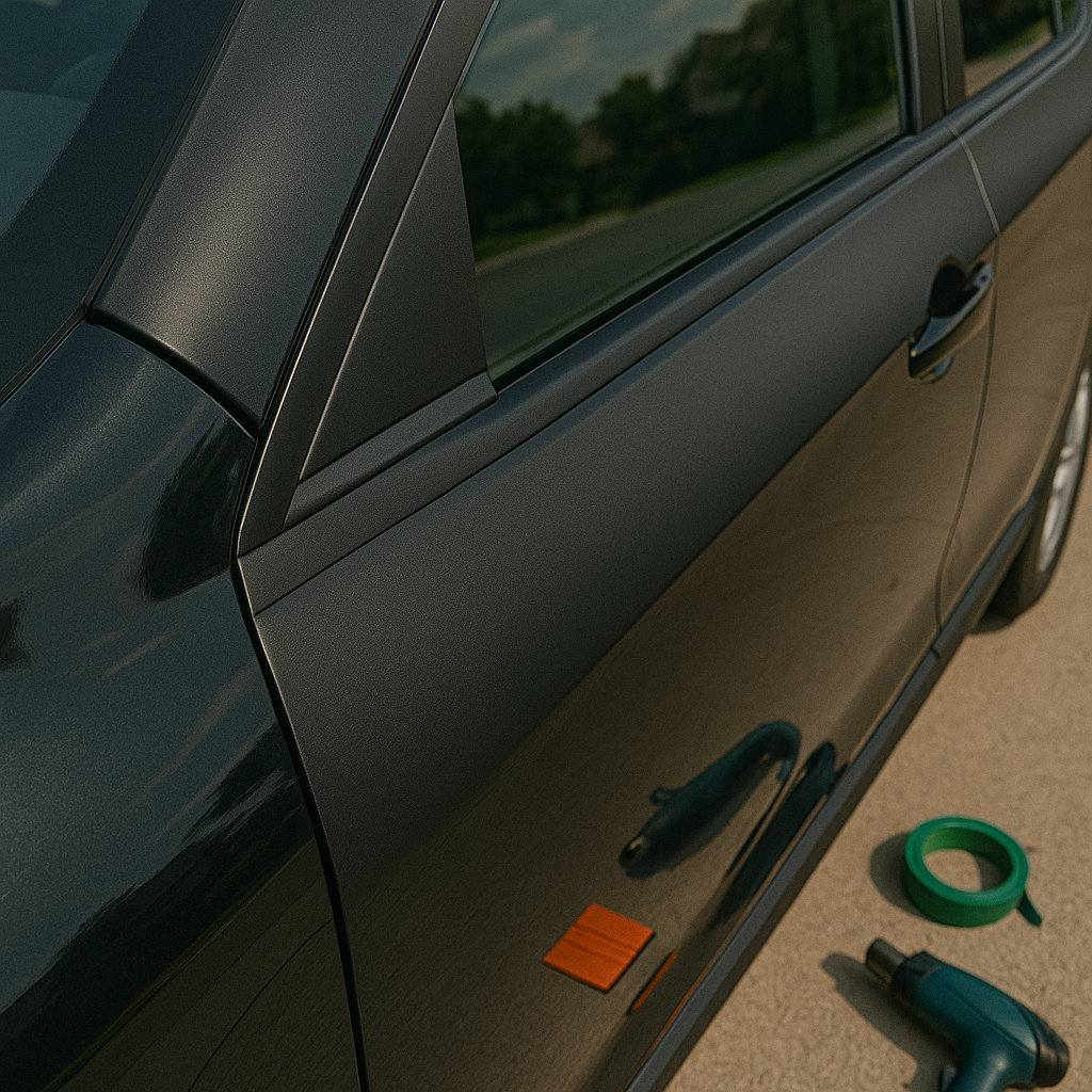 Ultra-realistic close-up photo of a black car during the installation of ChroMorpher Matte Chrome Delete Tape on the chrome window trim. 