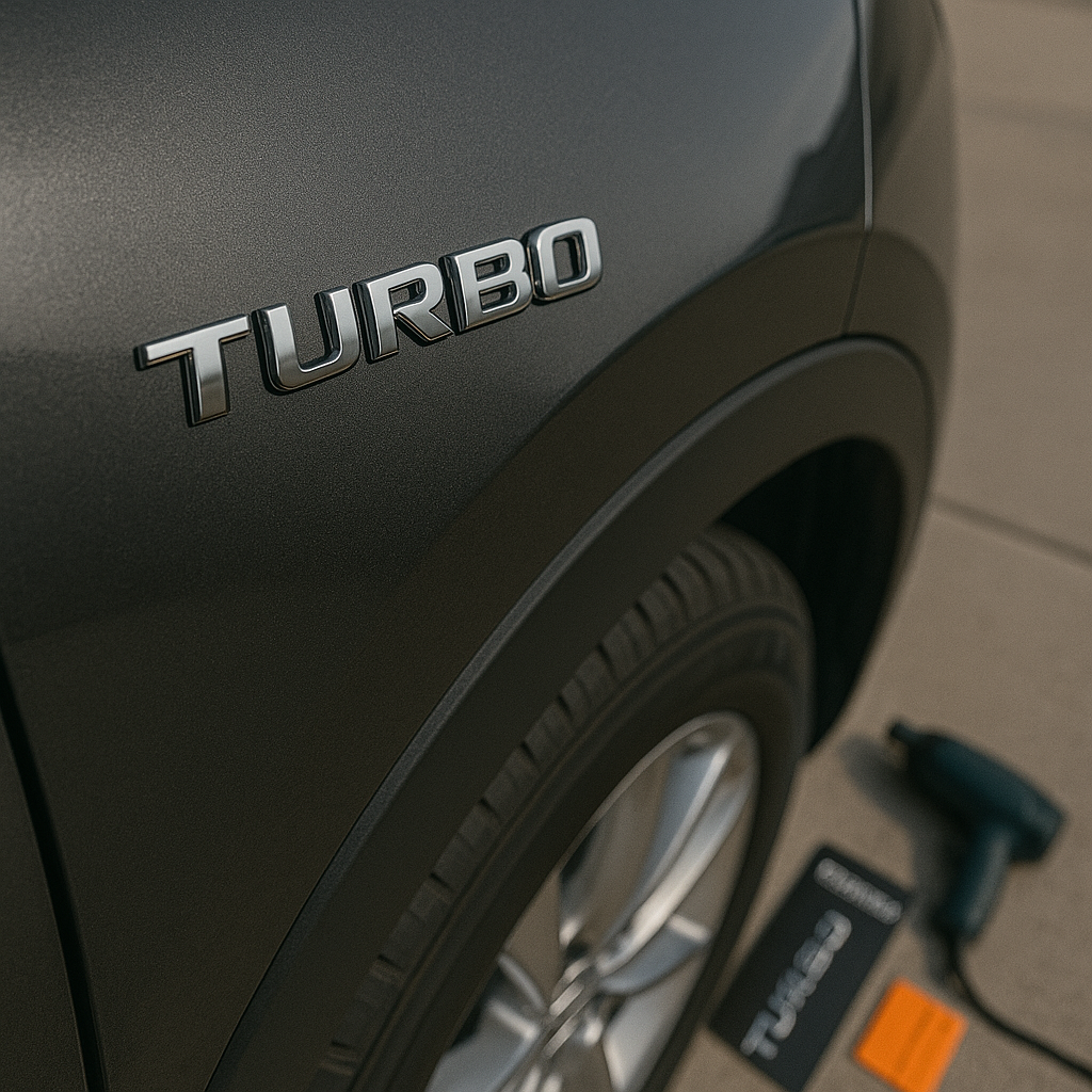 Ultra-realistic close-up of a car’s fender with a ChroMorpher 3D Metal TURBO emblem installed.