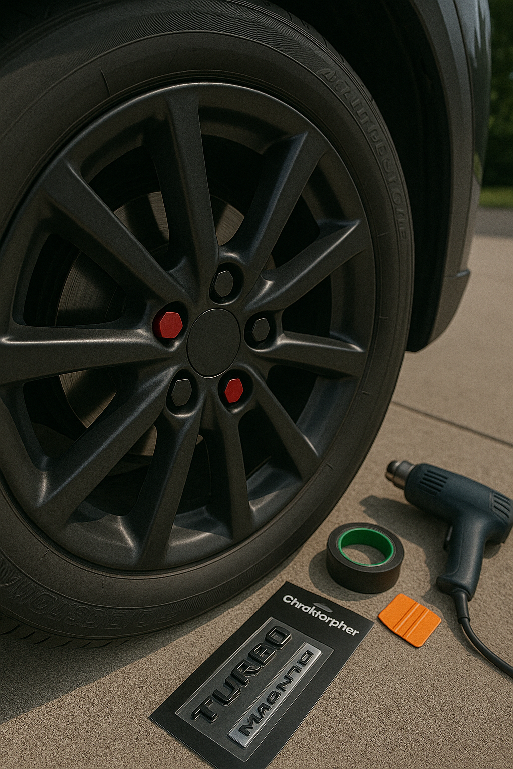 Ultra-realistic close-up photo of a matte black alloy wheel fitted with alternating gloss red and gloss black ChroMorpher magnetic lug nut covers.